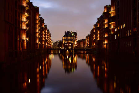 Historic Wasserschloesschen in the Hamburg Speicherstadt at nightのeditorial素材