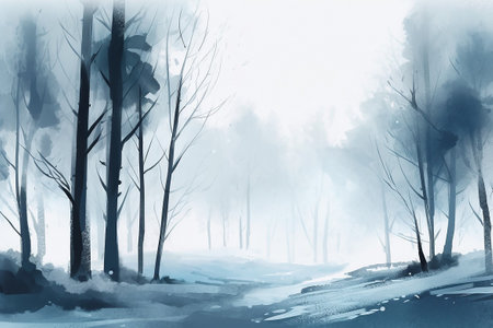 Winter forest landscape with snow and fog. Watercolor illustration.の素材