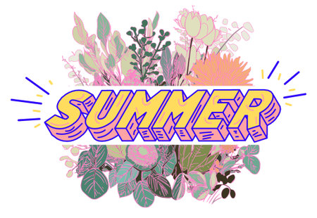 Summer lettering with hand drawn plants and flowers. Vector illustration.のイラスト素材