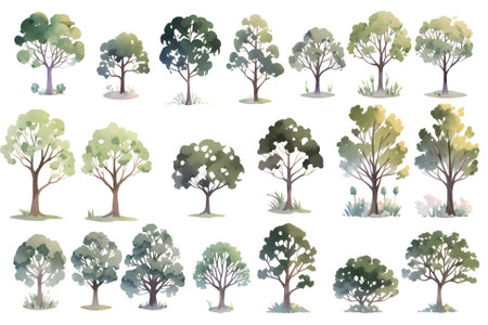 Set of hand drawn watercolor trees. Vector illustration isolated on white background.の素材