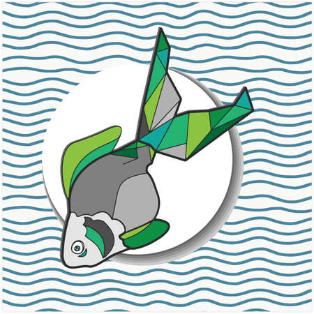 Triangle fish, goldfish, graphic, triangular vector illustration. Sticker with shadow on a striped background. Geometric pop artのイラスト素材