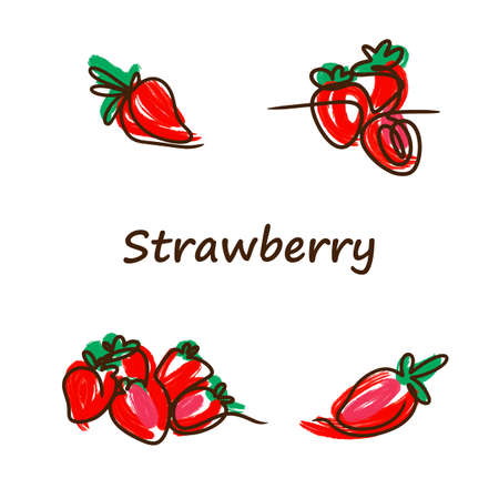 Strawberry set, line drawing, juicy, ripe and delicious, green and red colorのイラスト素材