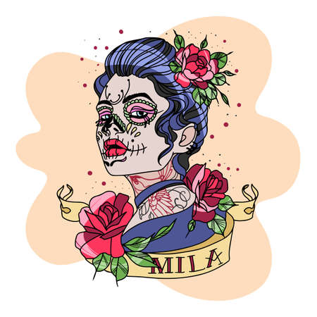 Beautiful girl in Chicano style, with a tattoo, roses in her hairのイラスト素材