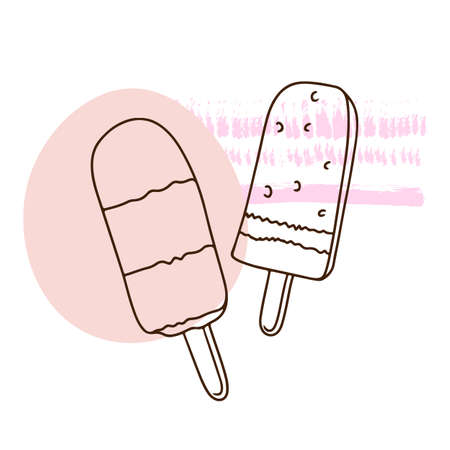 Pair of ice cream, sweet cream, frozen juice, sweets, dessert, outline drawing, linear in doodle style, summer setのイラスト素材