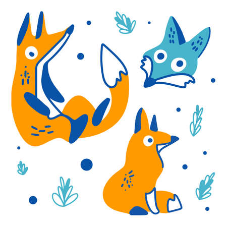 Funny fox set, baby postcard, animal head, full length, doodle outline drawing, shades of blue and...