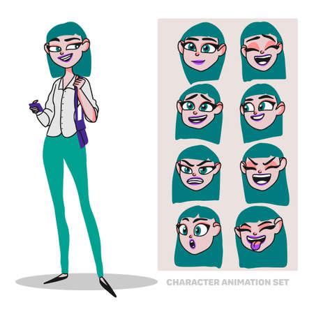Character animation set, young woman in office clothes with a bag and a phone. creating people with emotions.のイラスト素材