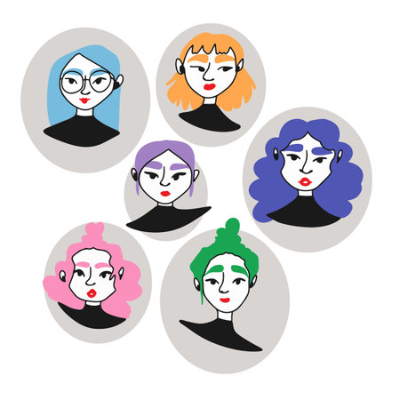 Girls avatars in doodle style. Cute characters in pastel colors, outline vector illustration on a white backgroundのイラスト素材