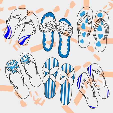 Beach Flip Flops Set Summer Shoes Flip Flops Mixed Shaped Decoration Slippers Girls Fashion Shoes Doodle Sketchのイラスト素材