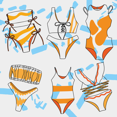 Fashion Beach Swimwear Set for Girls Mixed Colors Orange Sewing Doodle Fashionista Sketchのイラスト素材