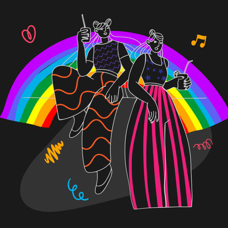 Girlfriends, a couple of girls on the background of a rainbow with drinks in their hands, a party, an illustration in the style of cartoon doodlesのイラスト素材