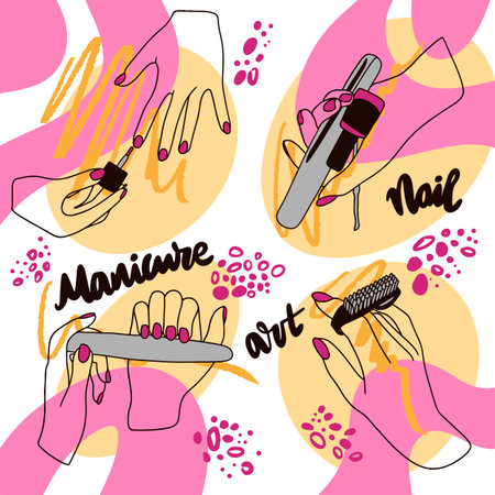 Manicure set, tools and manicure work process, painting fingernails, sketch in doodle styleのイラスト素材