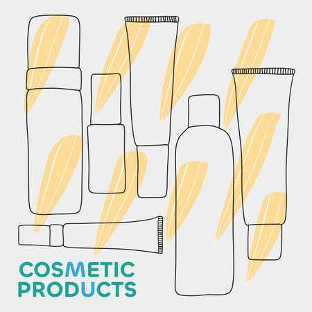 A set of cosmetic products for skin and hair, cosmetic jars, tubes and bottles vector illustrations, doodle style vector illustrationのイラスト素材
