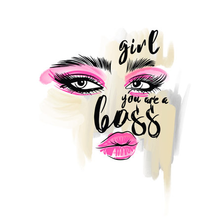 Beautiful eyes with long black eyelashes, pink eye shadow, eyebrows and big lips. Girl you are the boss, handwritten quoteのイラスト素材