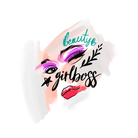 Boss girl, beauty, handwritten quote. Beautiful eyes with long black eyelashes, pink eye shadow, eyebrows and big lipsのイラスト素材