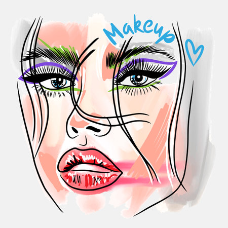 Makeup, handwritten quote. Fashion sketch of a portrait of a girl with bright makeup, big lips, long eyelashesのイラスト素材