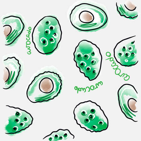 Avocado. Seamless pattern of awacade doodles with handwritten letters. repeating background. fruit print. cute cartoon style. fashion illustrationのイラスト素材