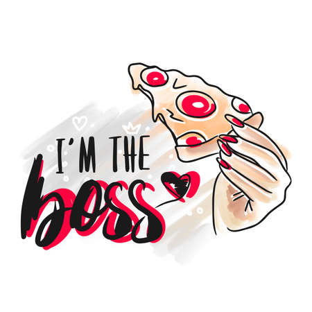 I am the boss, handwritten quote, letter design, fashion, pizza in hand, doodle styleのイラスト素材