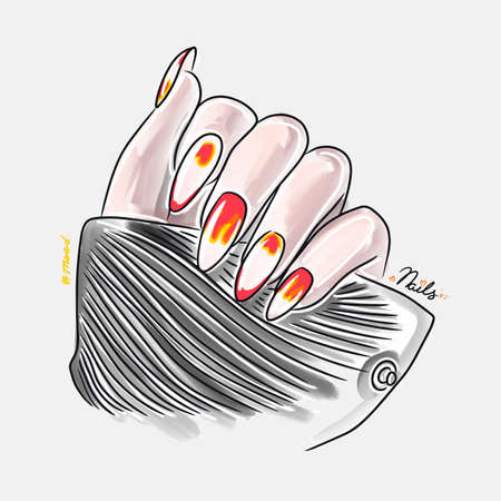 Female hand with long nails, trendy nail design, fashion, manicure mood, lovely cartoon illustration, doodle style sketchのイラスト素材