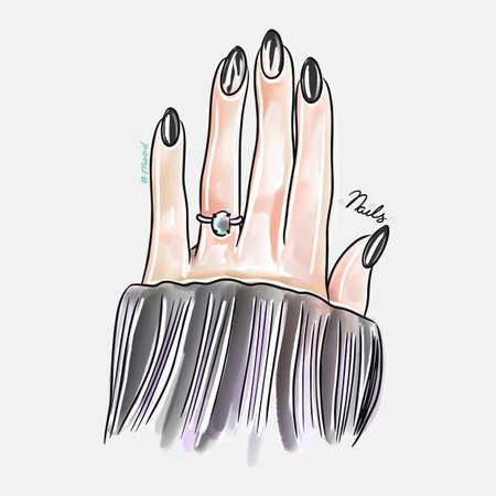 Female hand with long nails, trendy nail design, fashion, manicure mood, lovely cartoon illustration, doodle style sketchのイラスト素材