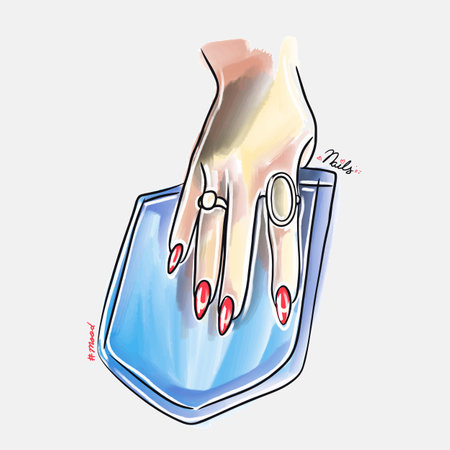 Womans hand with long nails in a jeans pocket, trendy nail design, fashion, manicure mood, lovely caricature, tiger doodle style sketchのイラスト素材