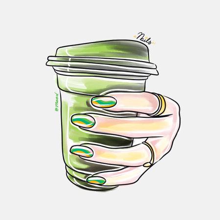 Female hand with long nails holds a glass with coffee drink, trendy nail design, fashion, manicure mood, lovely cartoon, sketch in doodle styleのイラスト素材