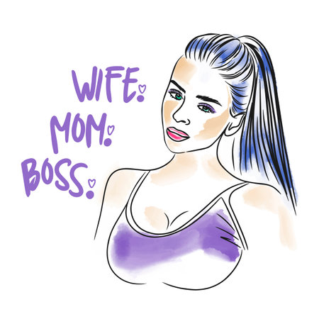 Wife. Mother. Boss, handwritten quote, beautiful girl with tail, doodle style watercolor illustrationのイラスト素材