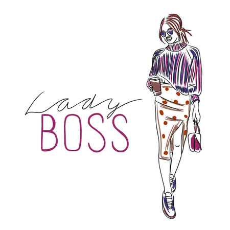 Lady boss, handwritten quotes, full length stylish girl in beautiful clothes and holding coffee, fashion look , doodleのイラスト素材