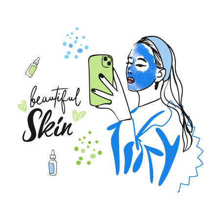 Cosmetic sheet mask for the face, fashion instructions for using a sheet mask, text, beautiful girl, drawing doodle styleのイラスト素材