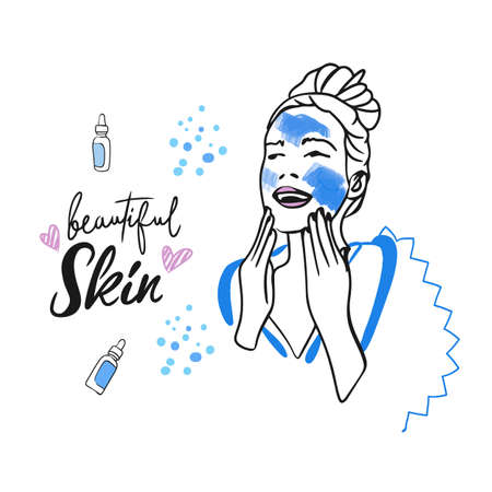 Beautiful skin, handwritten lettering, care cosmetics, girl with a cosmetic mask on her face, doodle drawing styleのイラスト素材