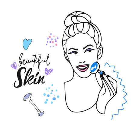 Beautiful skin, handwritten lettering, care cosmetics, girl with facial massage roller, doodle drawing styleのイラスト素材
