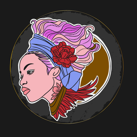 Beautiful portrait of a girl with Chicano jewelry and tattoos, round composition on a dark backgroundのイラスト素材