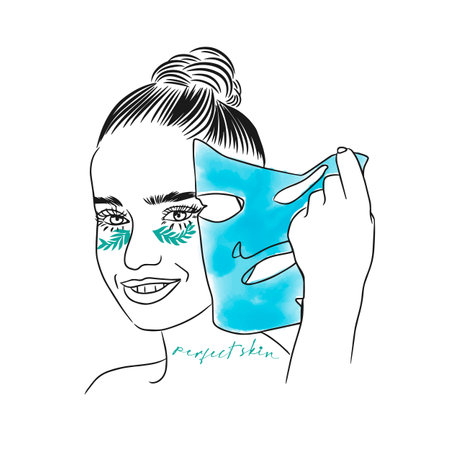 Personal care and facial skin care, portrait of a happy girl, perfect skin, lettering, cosmetics, doodle sketchのイラスト素材