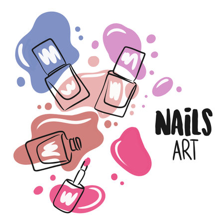 Nails art, handwritten quote, nail polishes, paint stains, trendy manicure doodlesのイラスト素材