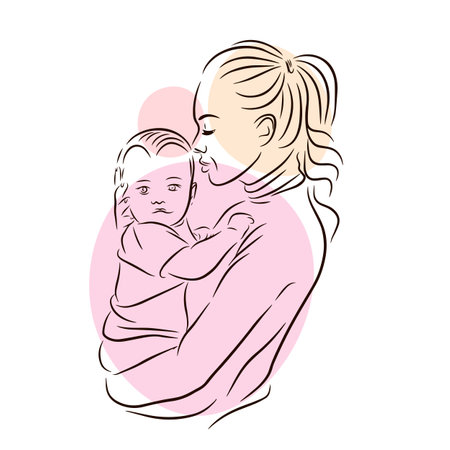 A young mother holds a baby in her arms, love, warm feelings, line, outline drawing in doodle styleのイラスト素材