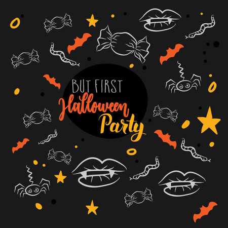 But the first Halloween party, set with card decoration, sharp fangs, spiders, snakes and candy, doodle style drawing on a dark backgroundのイラスト素材