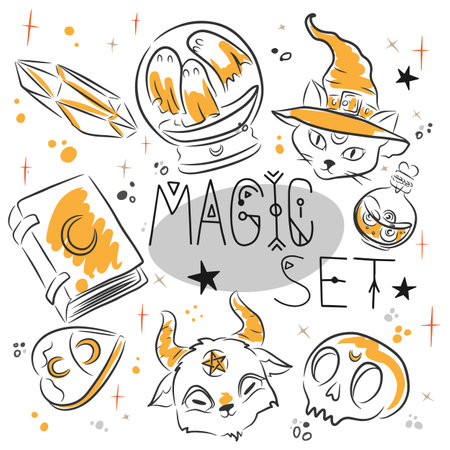 Magic set, handwritten inscription, magical accessories and objects for magic, doodle style drawing on a white backgroundのイラスト素材