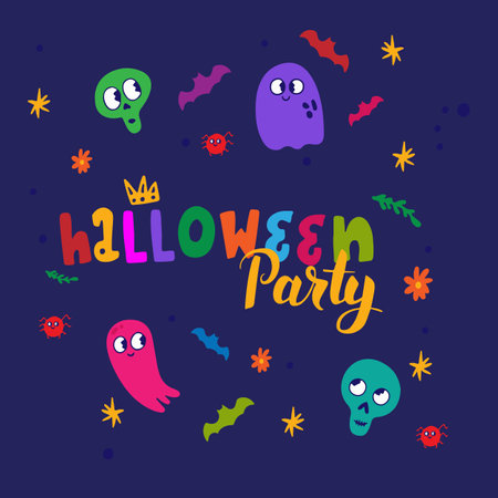 Halloween, handwritten text, ghosts and decorations for the holidayのイラスト素材