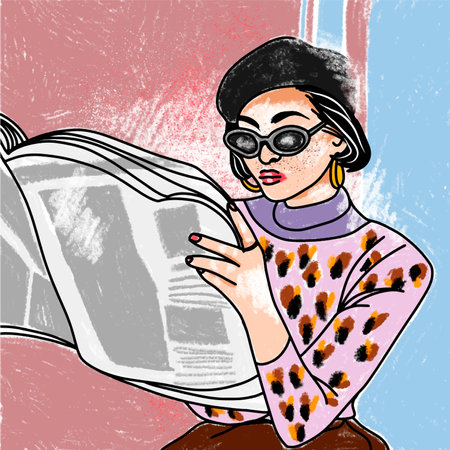 A beautiful girl reads a newspaper on a geometric background, in bright clothes, pop artのイラスト素材