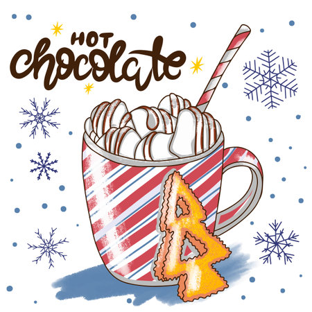 Hot chocolate, hand lettering, delicious drink with marshmallows and cookies, background snowflakes, doodle style illustrationのイラスト素材