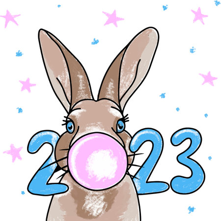 Bunny blowing a balloon, cute illustration with the number 2023, in delicate colors, holiday, stars, hand drawnのイラスト素材