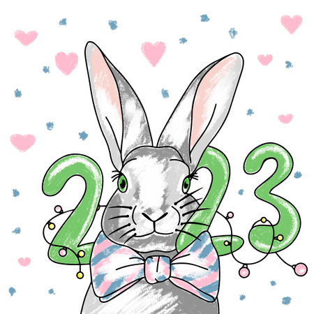 Bunny blowing a balloon, cute illustration with the number 2023, in delicate colors, holiday, stars, hand drawnのイラスト素材
