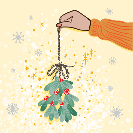 Christmas tree with lanterns in hands, holiday card in warm colors, flat styleのイラスト素材
