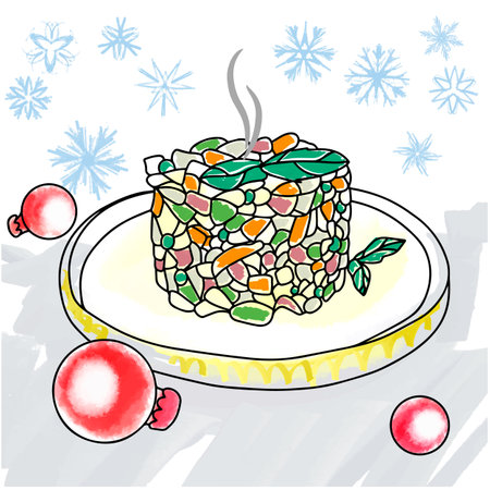 Delicious holiday salad, Olivier, on the background of toys and snowflakes, doodle style vector illustrationのイラスト素材