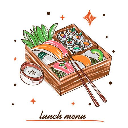 Appetizing rolls and sushi with sauce, lunch menu, colorful doodle style illustrationのイラスト素材