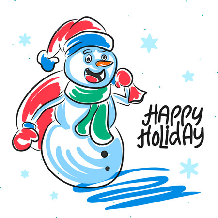 Happy holidays, cute card, cartoon snowman on a white backgroundのイラスト素材