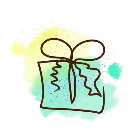 Gift, one line drawing on a watercolor background, contour illustrationのイラスト素材