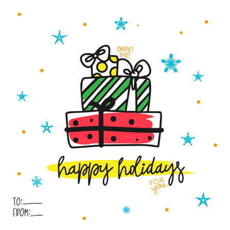 Holiday lettering card with gifts and snowflakes, doodle style illustrationのイラスト素材