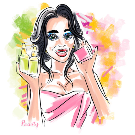 Beauty illustration, beautiful girl with jars of creams and serums for the skin, freehandのイラスト素材