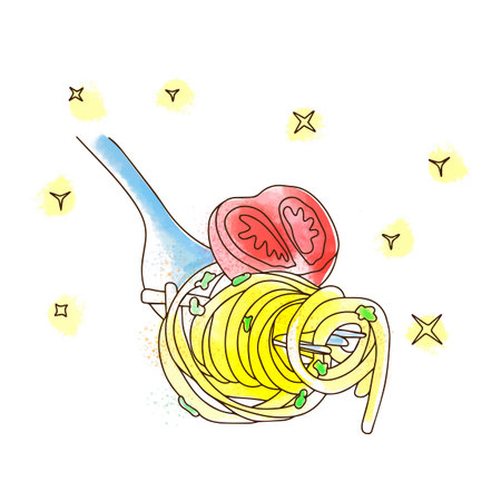 Pasta with tomatoes on a fork, delicious picture for advertising, watercolorのイラスト素材