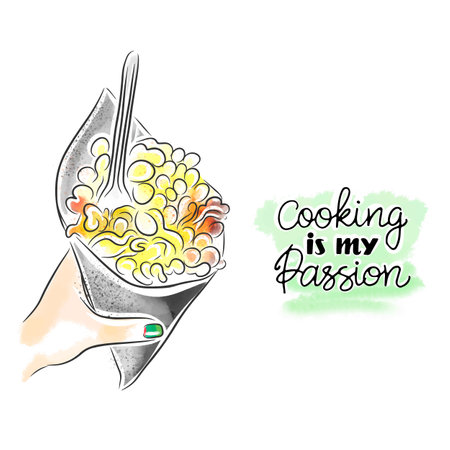 Cooking is my passion, hand lettering, boiled corn, trendy manicure, street food illustration, watercolor illustration, doodleのイラスト素材